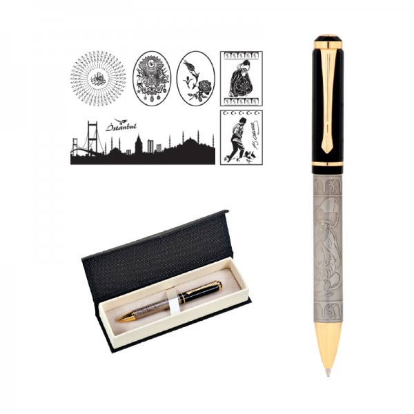 PS-22286 661-KT 41 Besmele Kabartma Figürlü Metal Tükenmez Kalem Seti