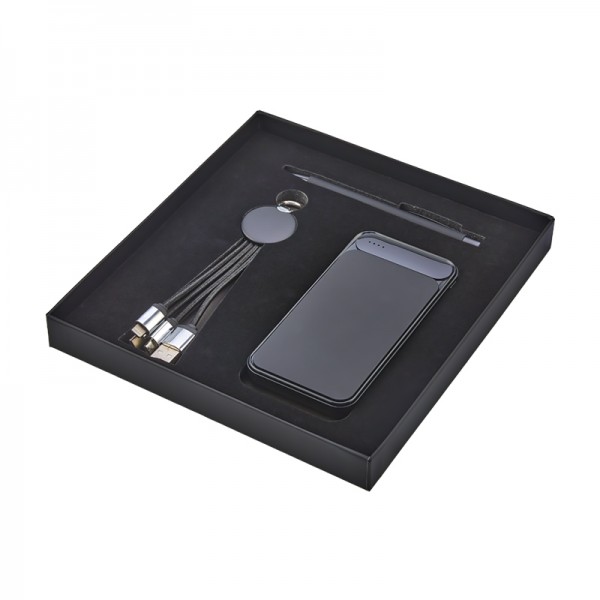 PS-23936 5065 Siyah Hediyelik Set - Powerbank - Çoklu Kablo - Kalem Seti