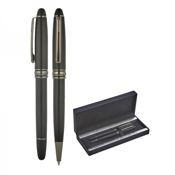 PS-23890 1218-RT Siyah-Füme Metal Roller & Tükenmez Kalem Seti