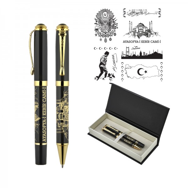 PS-20792 685-RT Tuğra Kabartma Figürlü Metal Roller & Tükenmez Kalem Seti