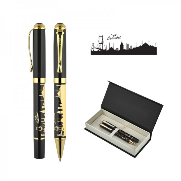 PS-20796 685-RT İstanbul Kabartma Figürlü Metal Roller & Tükenmez Kalem Seti