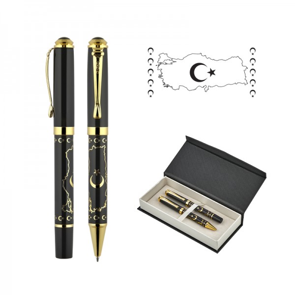 PS-24004 685-RT Türkiye Kabartma Figürlü Metal Roller & Tükenmez Kalem Seti