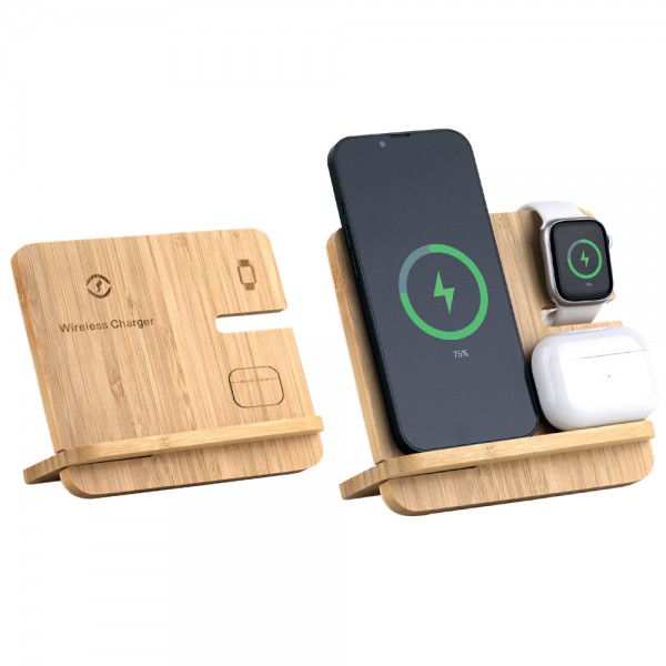 PS-31408 3’ü 1 Arada Bambu Kablosuz Şarj Standı